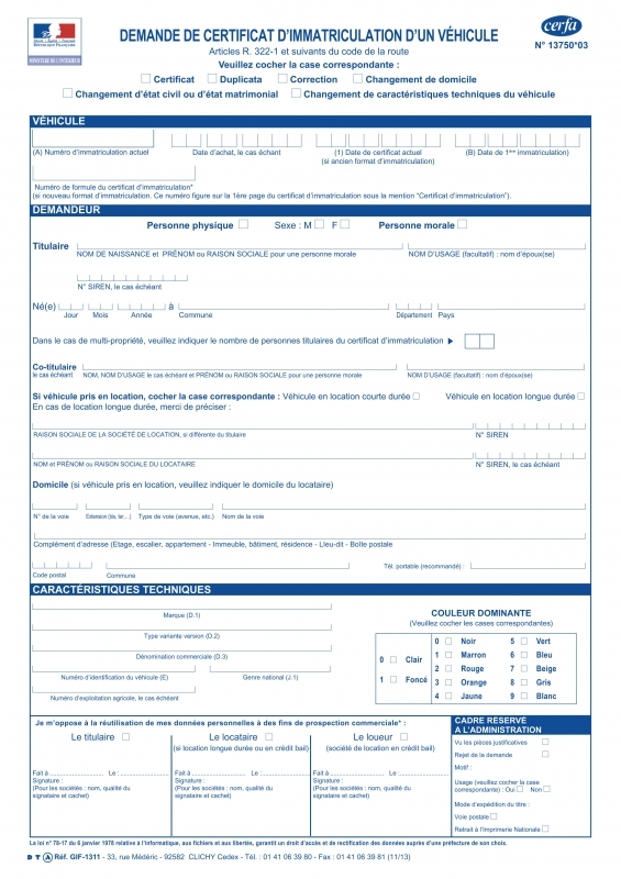 CERFA - Demande de certificat immatriculation d'un vÃ©hicule