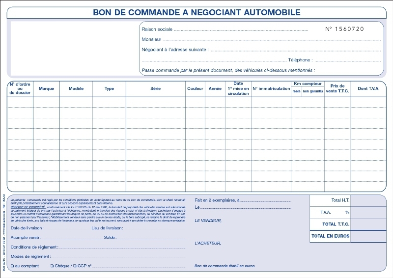 Bon De Commande A Marchand Certificat De Vente A Negociant Auto