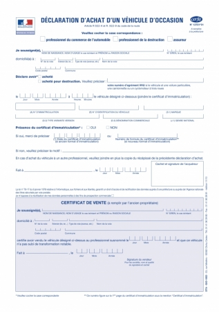Cerfa 13751*01 Déclaration d'achat d'un véhicule d'occasion aux normes certificat de vente voiture