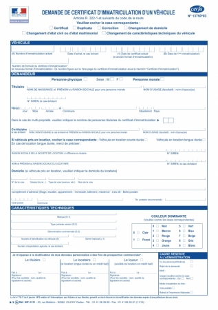 Cerfa 13750*03  Demande Certificat Immatriculation Véhicule