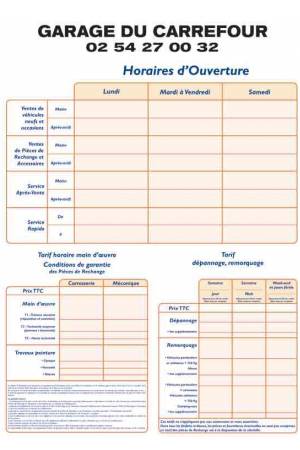 Panneau horaire d'ouverture et tarif des prestations