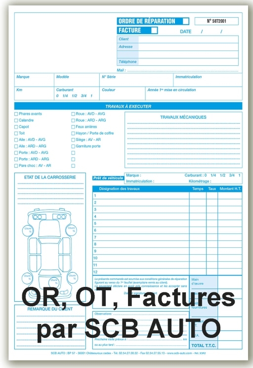 ordre de reparation OR ordre de travail OT facture en 2 feuillets aux normes