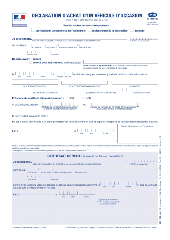 CERFA - Déclaration d'achat d'un véhicule d'occasion