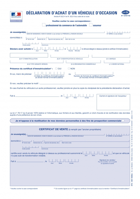 CERFA - Déclaration d'achat d'un véhicule