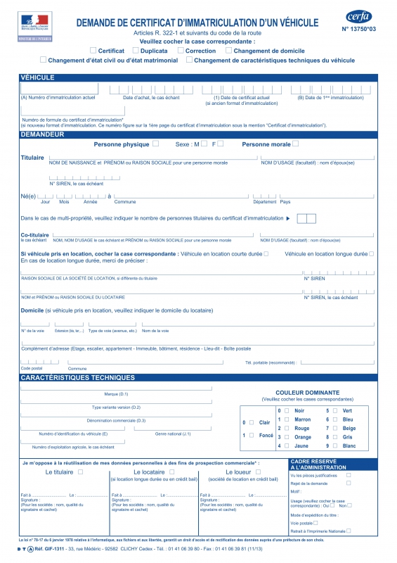 CERFA - Demande de certificat immatriculation d'un véhicule