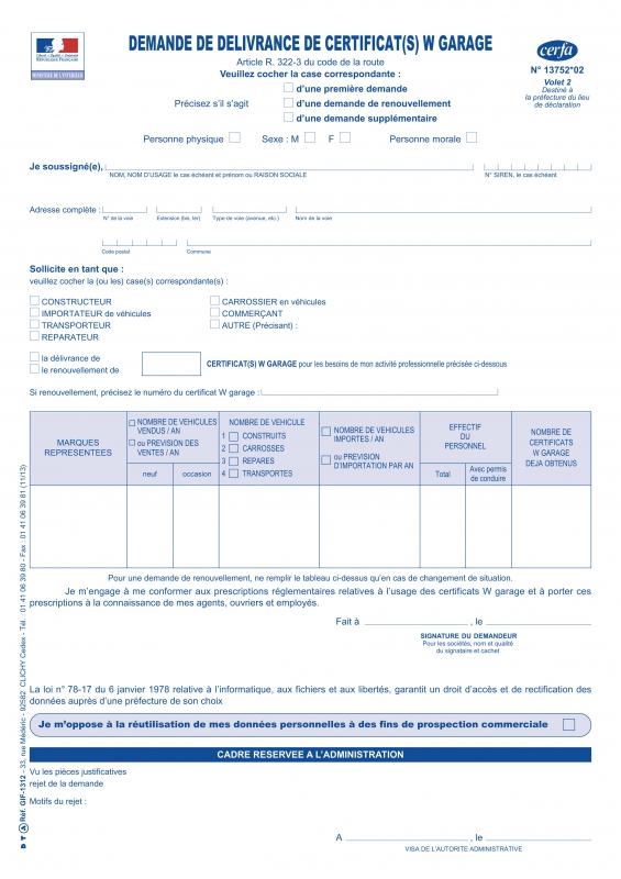 CERFA - Demande de délivrance de certificat W garage